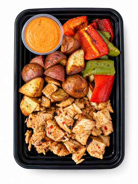 Hot honey, chicken, roasted red potatoes and bell peppers with Greek yogurt, chipotle dipping sauce