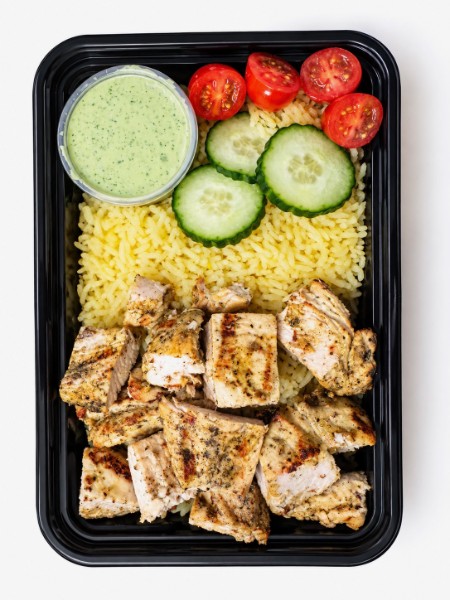 Lemon Garlic Chicken over Saffron Rice Plate