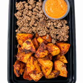 Lean Ground Beef with Papas Bravas, Greek Yogurt & Chipotle Dipping Sauce Plate Lean ground beef with papas bravas with Greek yogurt, chipotle dipping sauce plate