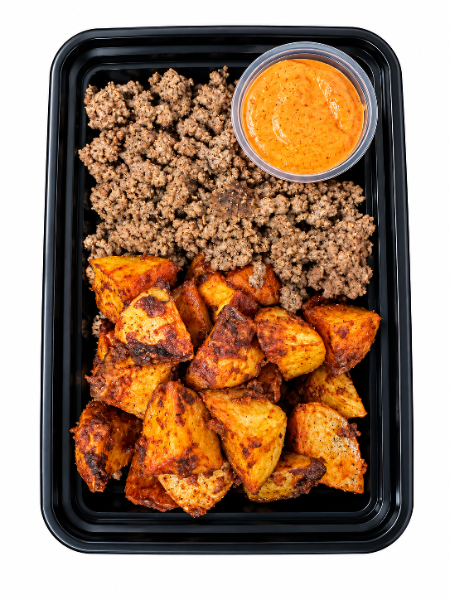 Lean ground beef with papas bravas with Greek yogurt, chipotle dipping sauce plate