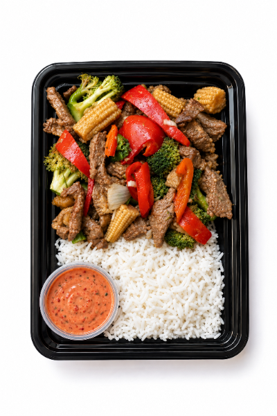 beef and broccoli with Greek yogurt, Sriracha dipping sauce